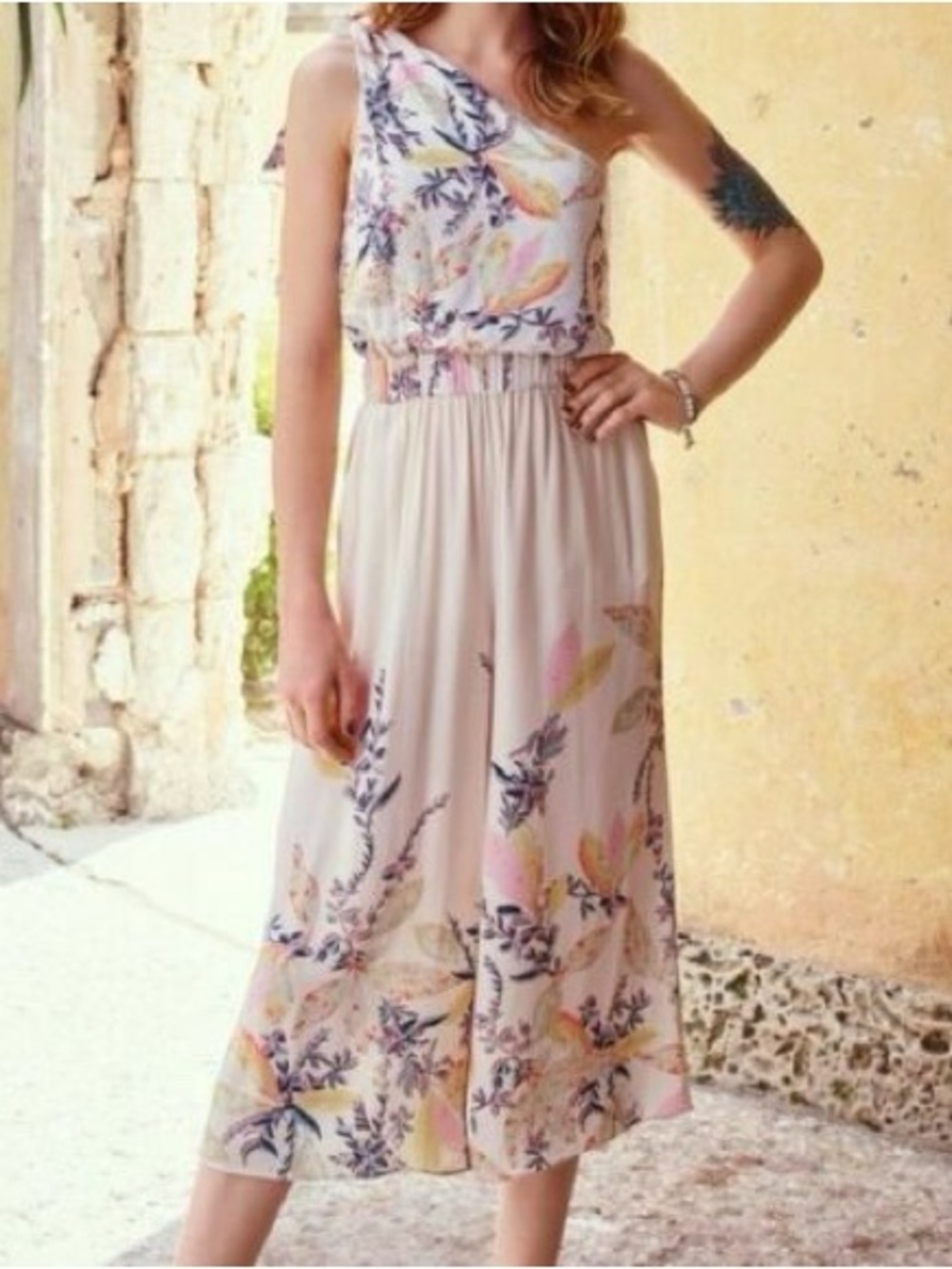 Free People Island Time Ivory/ Multicolor Floral One-Shoulder
Jumpsuit Size s